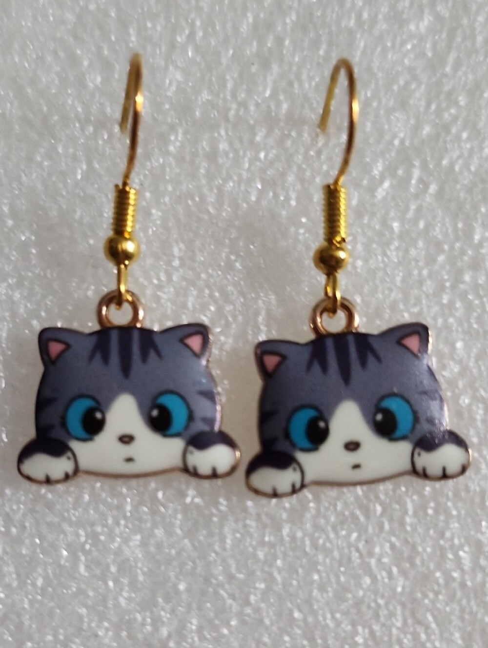 Hand Crafted Gray Cat Face Dangle Earrings with Blue Eyes